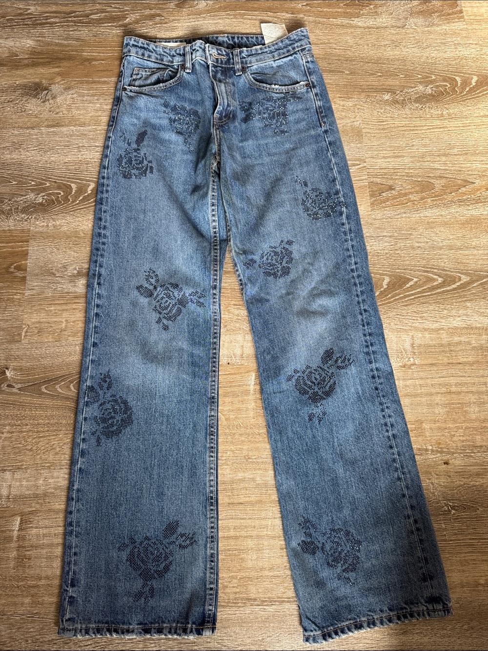 ZARA Women’s Blue Floral-Print Straight Jeans. NEW. No tags